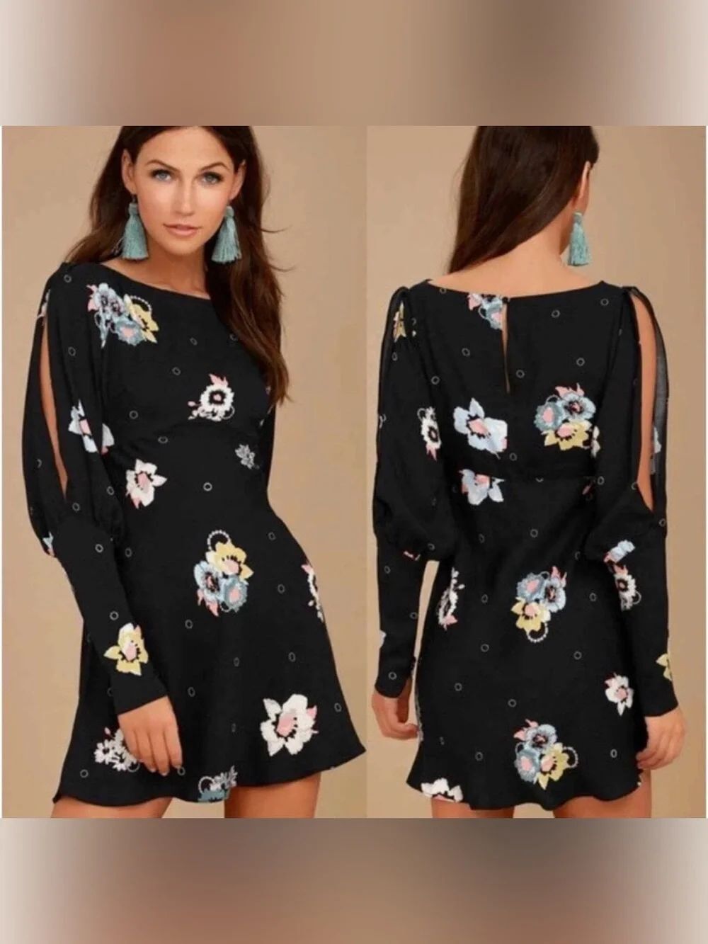 Free People Black Floral Split-Sleeve Mini Dress